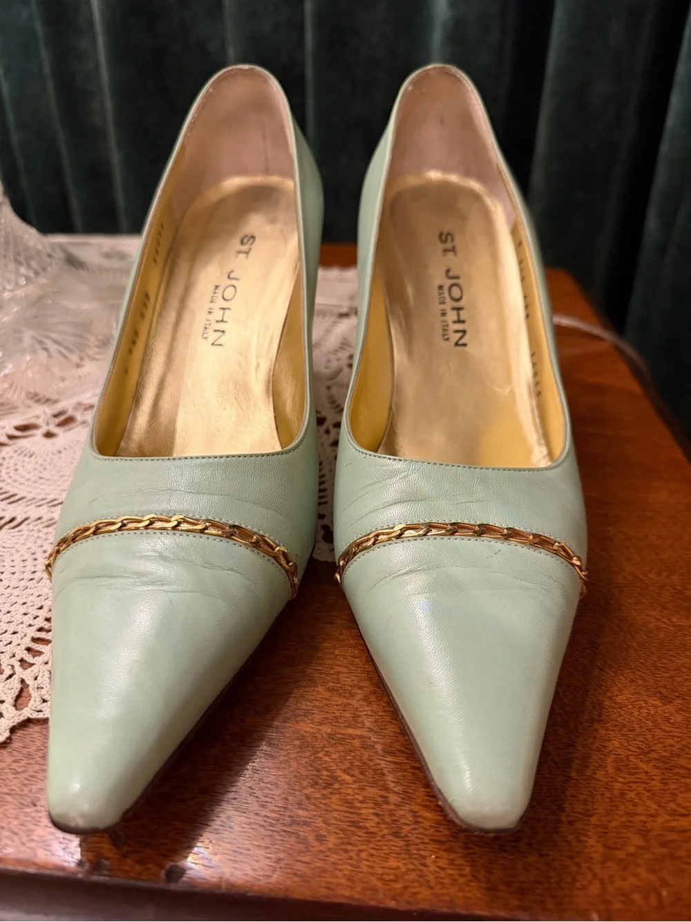 St. John Mint Green Pointed Toe Pumps with Gold Chain Accent